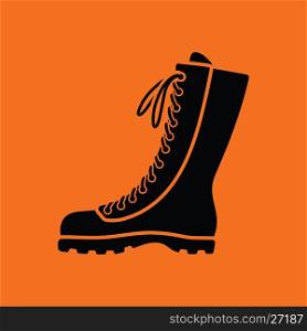 Hiking boot icon. Orange background with black. Vector illustration.