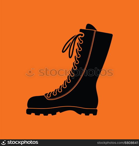 Hiking boot icon. Orange background with black. Vector illustration.