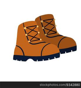 Hiking boots. Sturdy brown leather travel shoes. Traveler clothing item. Doodle cartoon