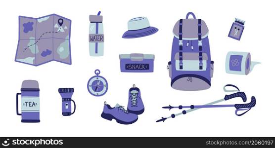 Hiking bundle sketch. A set of items for the hike. Backpack, map, compass, matches, sneakers, toilet paper, trekking sticks and thermos. Tourist kit. Vector illustration.. Hiking bundle sketch. A set of items for the hike. Backpack, map, compass, matches, sneakers, toilet paper, trekking sticks and thermos. Tourist kit. Vector illustration
