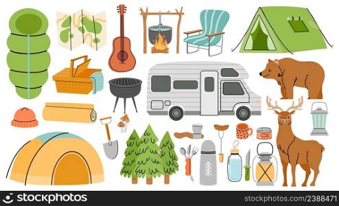 Hiking camp equipment, sleeping bag, barbeque and tents. Cartoon nature forest or mountain exploring travel. Tourist adventure vector set. Tools for expedition or touristic trip in wood. Hiking camp equipment, sleeping bag, barbeque and tents. Cartoon nature forest or mountain exploring travel. Tourist adventure vector set