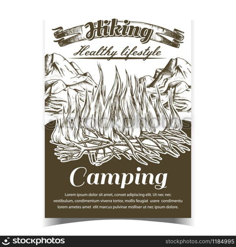 Hiking Camping Adventure Advertise Banner Vector. Burning Tree Branch Sticks Sprouts Camping Fire And Mountains. Activity Healthy Lifestyle Hand Drawn In Retro Style Monochrome Illustration. Hiking Camping Adventure Advertise Banner Vector