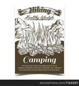 Hiking Camping Adventure Advertise Banner Vector. Burning Tree Branch Sticks Sprouts Camping Fire And Mountains. Activity Healthy Lifestyle Hand Drawn In Retro Style Monochrome Illustration. Hiking Camping Adventure Advertise Banner Vector