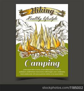 Hiking Camping Adventure Advertise Banner Vector. Burning Tree Branch Sticks Sprouts Camping Fire And Mountains. Activity Healthy Lifestyle Hand Drawn In Retro Style Colorful Illustration. Hiking Camping Adventure Advertise Banner Vector