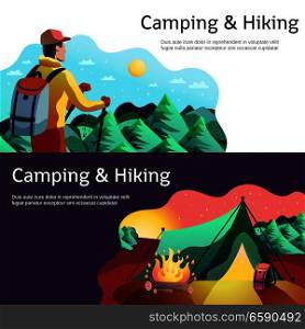 Hiking camping horizontal abstract colorful banners set with tourist in forest tent open fire isolated vector illustration .  Hiking Camping Horizontal Banners 