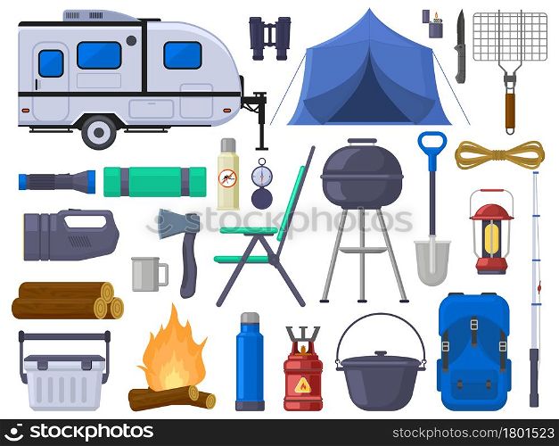 Hiking camping outdoor adventure tourist elements. Nature adventure tent, mobile home, grill, campfire, binoculars vector illustration set. Outdoor camping equipment for summer leisure. Hiking camping outdoor adventure tourist elements. Nature adventure tent, mobile home, grill, campfire, binoculars vector illustration set. Outdoor camping equipment