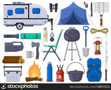 Hiking camping outdoor adventure tourist elements. Nature adventure tent, mobile home, grill, campfire, binoculars vector illustration set. Outdoor camping equipment for summer leisure. Hiking camping outdoor adventure tourist elements. Nature adventure tent, mobile home, grill, campfire, binoculars vector illustration set. Outdoor camping equipment