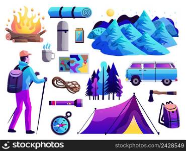 Hiking camping survival trip abstract colorful icons collection with tourist tent compass campfire mountains isolated vector illustration . Hiking Camping Colorful Set