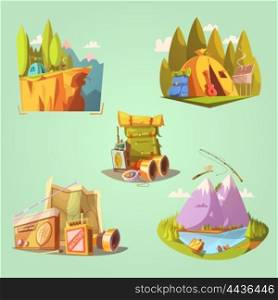 Hiking Cartoon Set. Hiking cartoon set with tent guitar and food on green background isolated vector illustration
