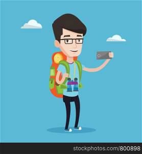 Hiking caucasian man making selfie. Smiling wanderer man with backpack and binoculars taking photo with cellphone. Young happy man during summer trip. Vector flat design illustration. Square layout.. Man with backpack making selfie.