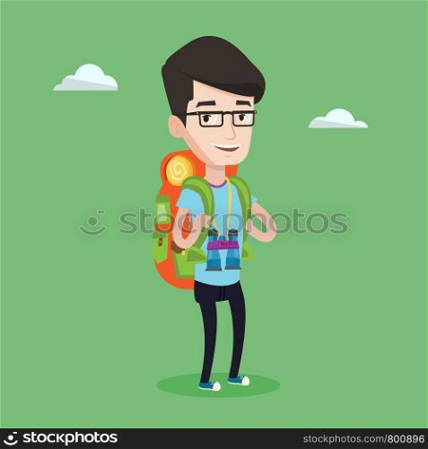 Hiking caucasian man standing with backpack and binoculars. Smiling wanderer man enjoying his recreation time in nature. Happy man during summer trip. Vector flat design illustration. Square layout.. Cheerful traveler with backpack.