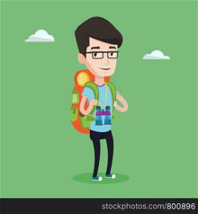 Hiking caucasian man standing with backpack and binoculars. Smiling wanderer man enjoying his recreation time in nature. Happy man during summer trip. Vector flat design illustration. Square layout.. Cheerful traveler with backpack.