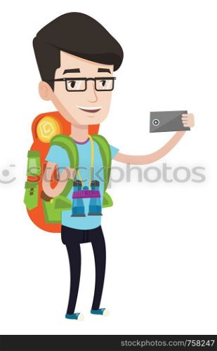 Hiking caucasian tourist taking selfie. Tourist with backpack and binoculars taking selfie with cellphone. Happy tourist taking selfie. Vector flat design illustration isolated on white background.. Man with backpack making selfie.