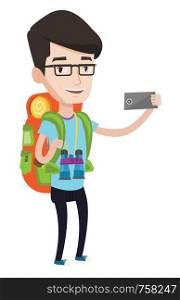 Hiking caucasian tourist taking selfie. Tourist with backpack and binoculars taking selfie with cellphone. Happy tourist taking selfie. Vector flat design illustration isolated on white background.. Man with backpack making selfie.