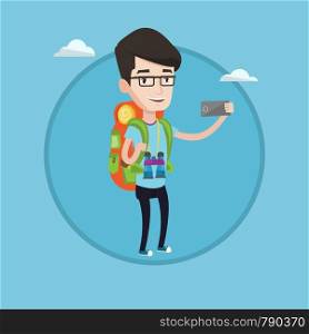 Hiking caucasian tourist taking selfie. Tourist with backpack and binoculars taking selfie with cellphone. Tourist taking selfie. Vector flat design illustration in the circle isolated on background.. Man with backpack making selfie.