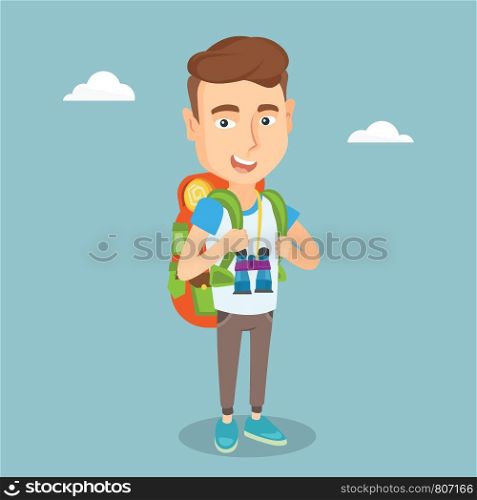 Hiking caucasian traveler man standing with backpack and binoculars. Smiling traveler man enjoying his recreation time. Happy man during summer trip. Vector flat design illustration. Square layout.. Cheerful traveler with backpack.