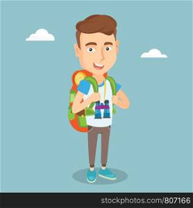 Hiking caucasian traveler man standing with backpack and binoculars. Smiling traveler man enjoying his recreation time. Happy man during summer trip. Vector flat design illustration. Square layout.. Cheerful traveler with backpack.