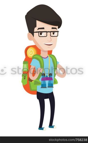 Hiking caucasian traveler standing with backpack and binoculars. Traveler man enjoying his recreation time. Happy traveler during trip. Vector flat design illustration isolated on white background.. Cheerful traveler with backpack.