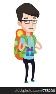 Hiking caucasian traveler standing with backpack and binoculars. Traveler man enjoying his recreation time. Happy traveler during trip. Vector flat design illustration isolated on white background.. Cheerful traveler with backpack.