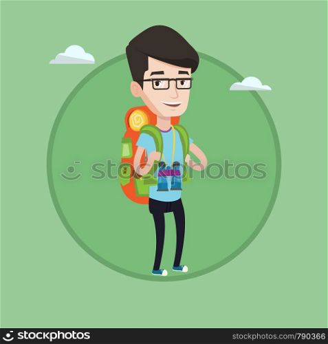 Hiking caucasian traveler standing with backpack and binoculars. Traveler man enjoying recreation time. Happy traveler during trip. Vector flat design illustration in the circle isolated on background. Cheerful traveler with backpack.