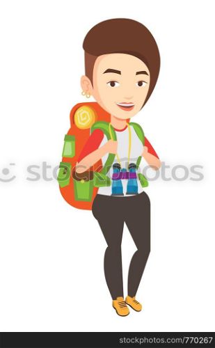 Hiking caucasian traveler standing with backpack and binoculars. Traveler woman enjoying his recreation time. Happy traveler during trip. Vector flat design illustration isolated on white background.. Cheerful traveler with backpack.