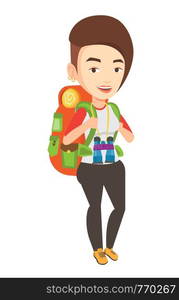 Hiking caucasian traveler standing with backpack and binoculars. Traveler woman enjoying his recreation time. Happy traveler during trip. Vector flat design illustration isolated on white background.. Cheerful traveler with backpack.