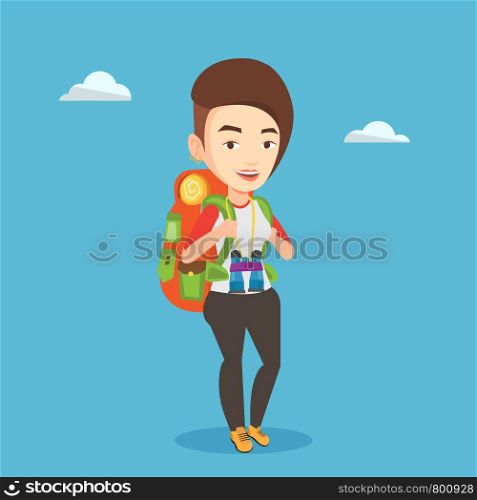 Hiking caucasian traveler standing with backpack and binoculars. Traveler woman enjoying recreation time in nature. Happy traveler during summer trip. Vector flat design illustration. Square layout.. Cheerful traveler with backpack.