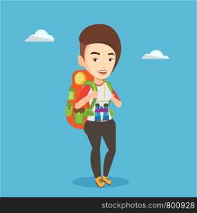 Hiking caucasian traveler standing with backpack and binoculars. Traveler woman enjoying recreation time in nature. Happy traveler during summer trip. Vector flat design illustration. Square layout.. Cheerful traveler with backpack.