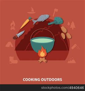 Hiking Equipment And Food Products For Cooking Outdoors. Hiking equipment and food products for cooking outdoors and elements vector illustration