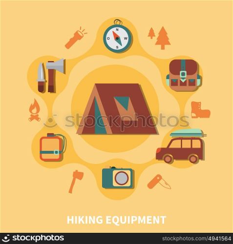 Hiking Equipment For Tourists. Hiking equipment and accessories for tourists and elements vector illustration