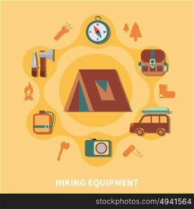 Hiking Equipment For Tourists. Hiking equipment and accessories for tourists and elements vector illustration