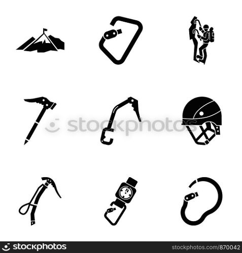 Hiking equipment icon set. Simple set of 9 hiking equipment vector icons for web design isolated on white background. Hiking equipment icon set, simple style