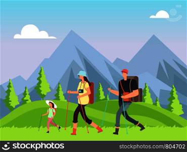 Hiking family in nature. Trekking man, woman and children with outdoor mountain landscape. Summer adventure vector background. Family walk, backpacking summertime scenic illustration. Hiking family in nature. Trekking man, woman and children with outdoor mountain landscape. Summer adventure vector background