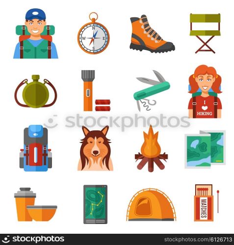 Hiking Flat Color Icons Set . Hiking flat color isolated icons set with travelers compass tent campfire tourist accessories vector illustration