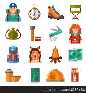 Hiking flat color isolated icons set with travelers compass tent campfire tourist accessories vector illustration . Hiking Flat Color Icons Set