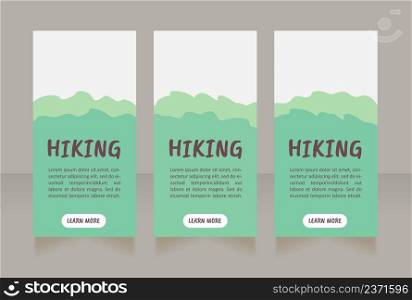 Hiking for beginners web banner design template. Vector flyer with text space. Advertising placard with customized copyspace. Printable poster for advertising. Caveat Brush, Calibri fonts used. Hiking for beginners web banner design template