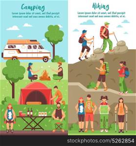 Hiking Group Vertical Banners. Camping hiking vertical banners set with editable text and compositions of people characters in outdoor environment vector illustration