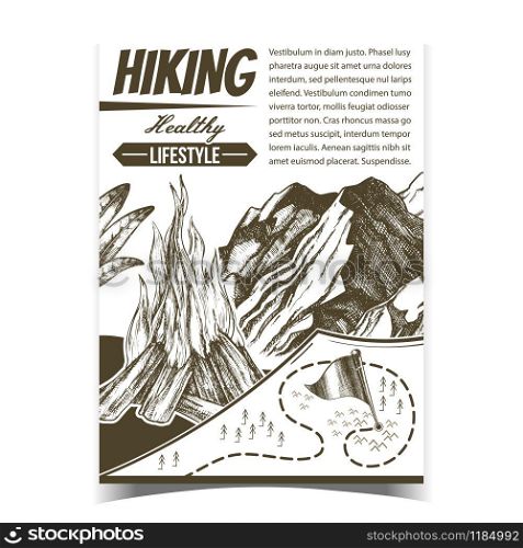 Hiking Healthy Lifestyle Advertising Poster Vector. Burning Bonfire, Rocky Cliff Mountain And Hiking Route Map With Flag Point. Sport Activity Hand Drawn In Retro Style Monochrome Illustration. Hiking Healthy Lifestyle Advertising Poster Vector
