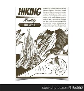 Hiking Healthy Lifestyle Advertising Poster Vector. Burning Bonfire, Rocky Cliff Mountain And Hiking Route Map With Flag Point. Sport Activity Hand Drawn In Retro Style Monochrome Illustration. Hiking Healthy Lifestyle Advertising Poster Vector