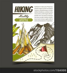 Hiking Healthy Lifestyle Advertising Poster Vector. Burning Bonfire, Rocky Cliff Mountain And Hiking Route Map With Flag Point. Sport Activity Hand Drawn In Retro Style Colorful Illustration. Hiking Healthy Lifestyle Advertising Poster Vector