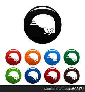 Hiking helmet icons set 9 color vector isolated on white for any design. Hiking helmet icons set color
