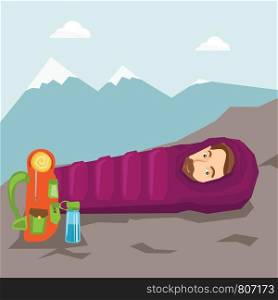 Hiking hipster man with beard sleeping in a sleeping bag while camping in the mountains. Young caucasian man wrapped up in a mummy sleeping bag. Vector flat design illustration. Square layout.. Man sleeping in sleeping bag in the mountains.