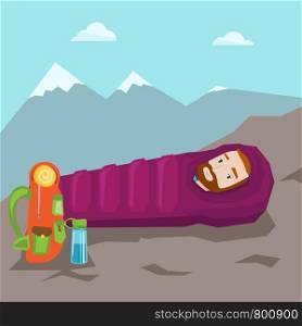 Hiking hipster man with the beard sleeping in a sleeping bag while camping in the mountains. Young caucasian man wrapped up in a mummy sleeping bag. Vector flat design illustration. Square layout.. Man sleeping in sleeping bag in the mountains.