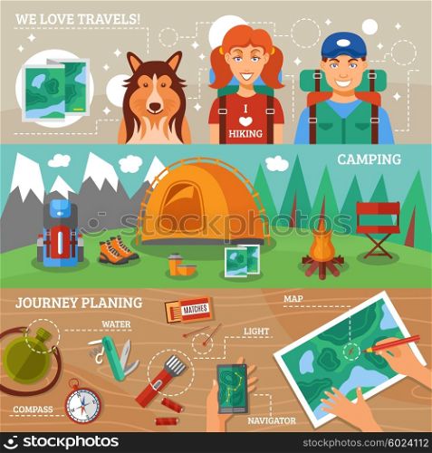 Hiking Horizontal Banners. Hiking flat horizontal banners collection with journey planning hiking travelers and camping icons vector illustration