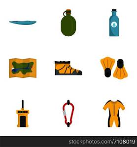 Hiking icon set. Flat set of 9 hiking vector icons for web design. Hiking icon set, flat style