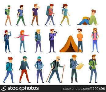 Hiking icons set. Cartoon set of hiking vector icons for web design. Hiking icons set, cartoon style