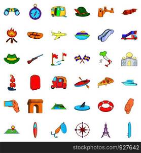 Hiking icons set. Cartoon style of 36 hiking vector icons for web isolated on white background. Hiking icons set, cartoon style