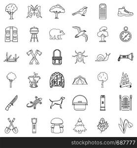 Hiking icons set. Outline style of 36 hiking vector icons for web isolated on white background. Hiking icons set, outline style