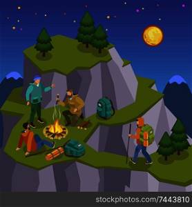 Hiking isometric composition with night wild landscape images of mountain with walking and camping tourist characters vector illustration. Mountain Tripping Isometric Composition