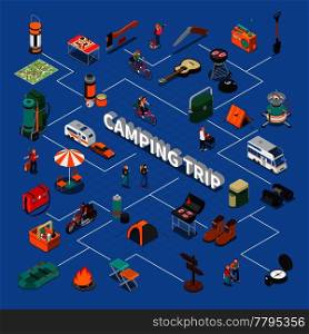Hiking isometric flowchart with camping trip symbols on blue background isometric vector illustration. Hiking Isometric Flowchart